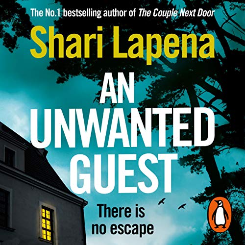 The audiobook cover of An Unwanted Guest which features a hotel with one room lit up from the inside features a 