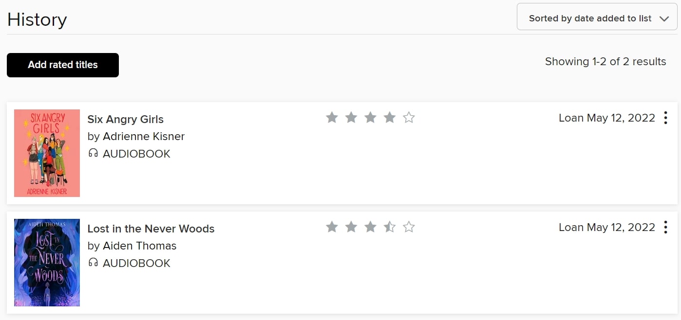 Screenshot of a list of books in a students' listening history, sorted by date added to list. The titles listed are Six Angry Girls by Adrienne Kisner and Lost in the Never Woods by Aiden Thomas