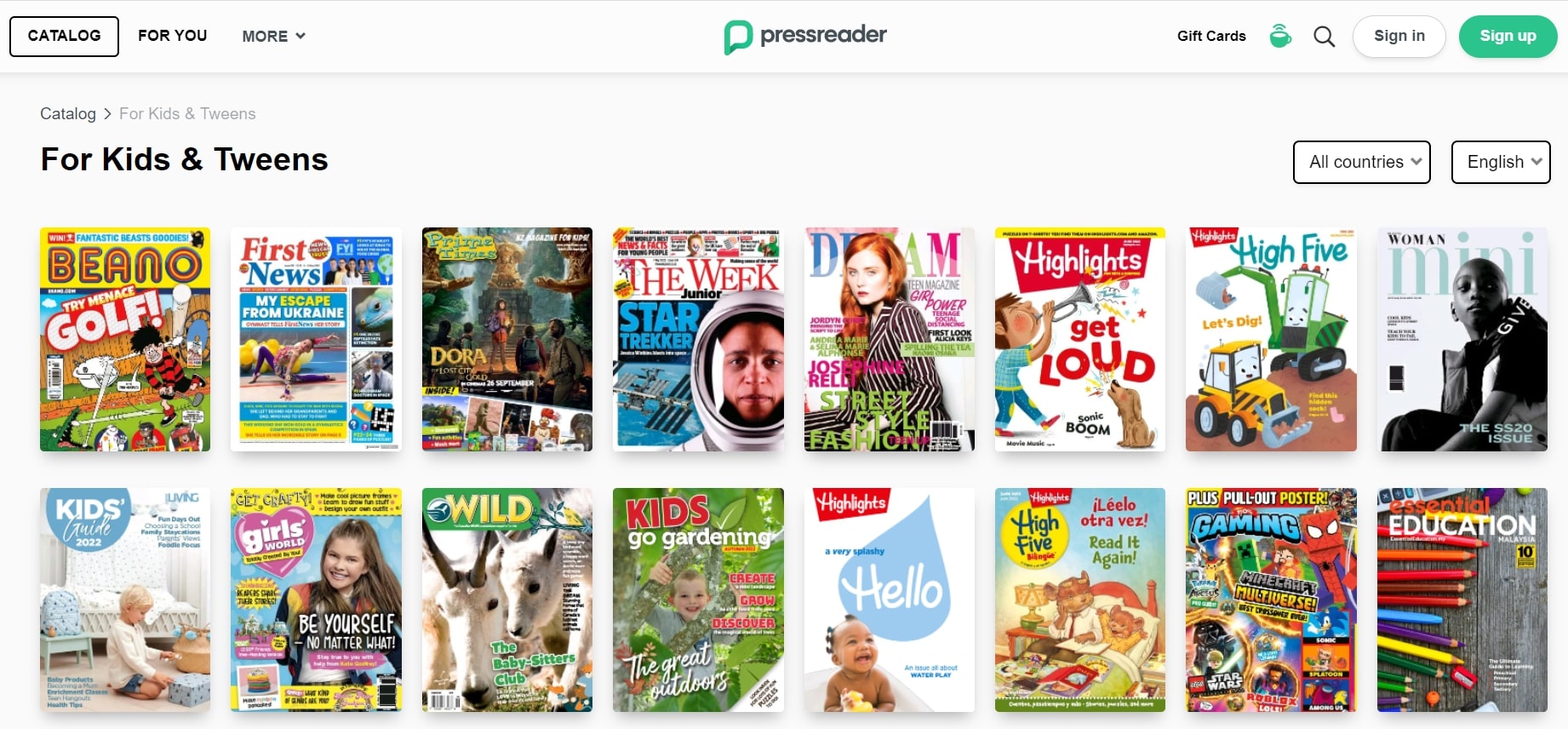 Screenshot of some of PressReaders newspapers and magazines for kids and tweens. Titles shown are The Beano, First News, Prime Times, The Week Junior, Dream, Highlights, High Five, Woman Mini, Kids' Guide 2022, Girls' World, Wild, Kids Go Gardening, High Five, 110% Gaming and Essential Education