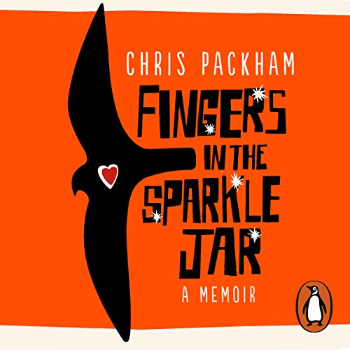 The audiobook cover of Fingers in the Sparkler Jar, which is an orange background with a large black illustration of a kestrel in the centre with a heart in the middle of it