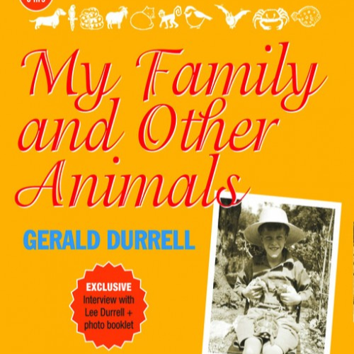 The audiobook cover of My Family and Other Animals, which has an orange background and a black and white photo of Gerald Durrell