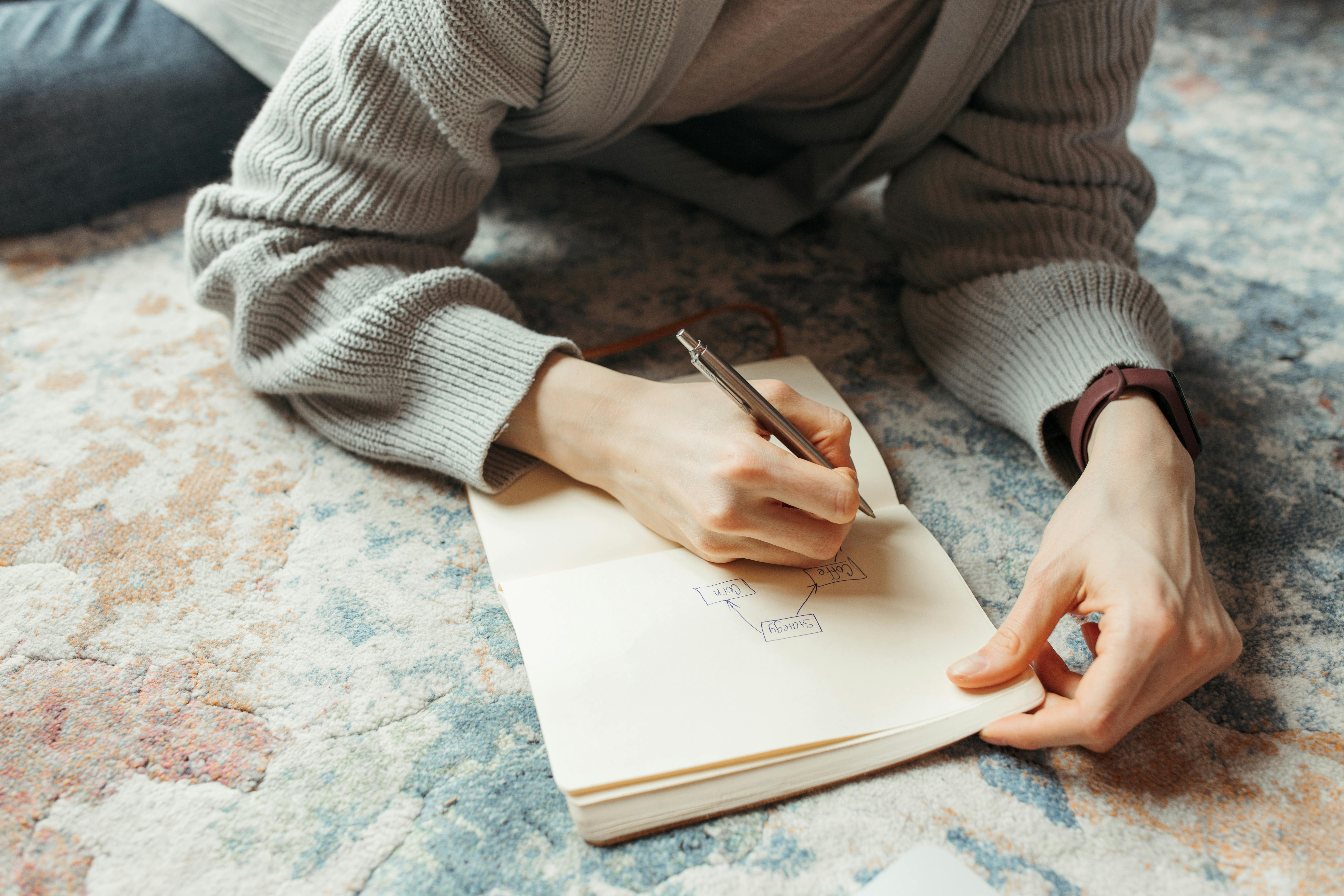 Woman writing in a journal A woman laying on the floor holding a pen and writing in a journel