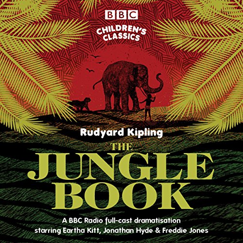 The BBC Jungle Book audiobook artwork The audiobook artwork for the BBC full cast dramatisation of The Jungle Book, featuring an elephant, Mowgli and Bagheera, along with two leaves