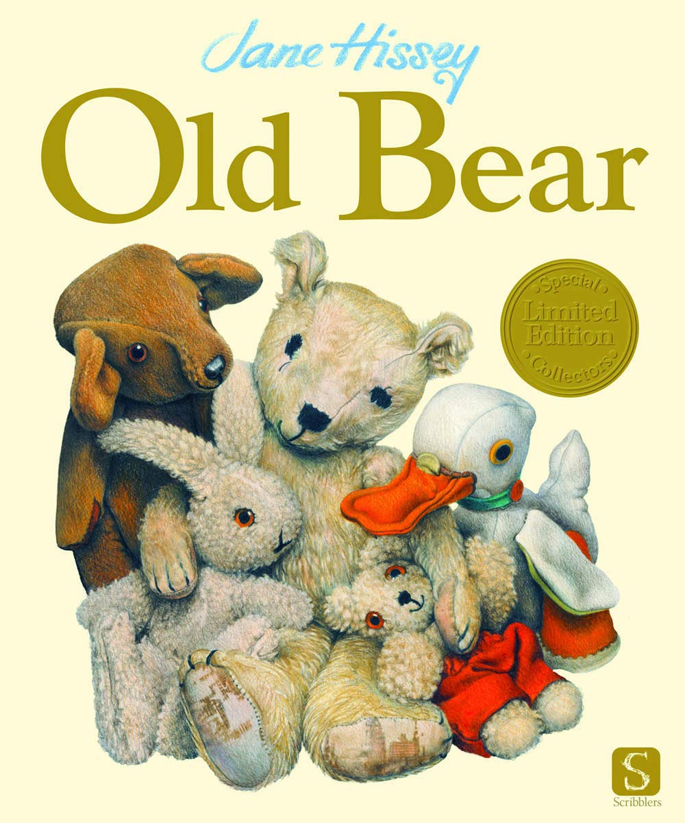 The artwork for Jane Hissey's Old Bear The book cover for Jane Hissey's Old Bear featuring a collection of 5 soft toys in a shared embrace