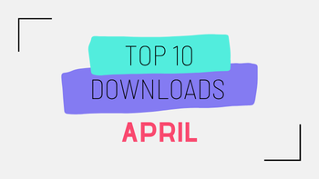 Title image on a grey background with letters in green, blue and pink. Text reads Top 10 Downloads April