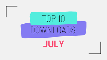 Title image on a grey background with letters in green, blue and pink. Text reads Top 10 Downloads July