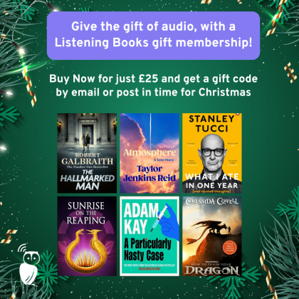 A range of audiobook covers in front of the blurred lights of a Christmas Tree