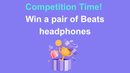 Purple rectangle with a cartoon parcel and gold winning cup. Text above reads Competition Time - Win Some Beats Headphones.