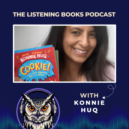 Image of Konnie Huq on a blue background, holding up her book and smiling.