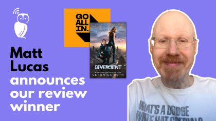 Photo of Matt Lucas on a purple background, with the DofE logo in yellow, and the book cover. Text reads Matt Lucas Reveals Our Review Winner.