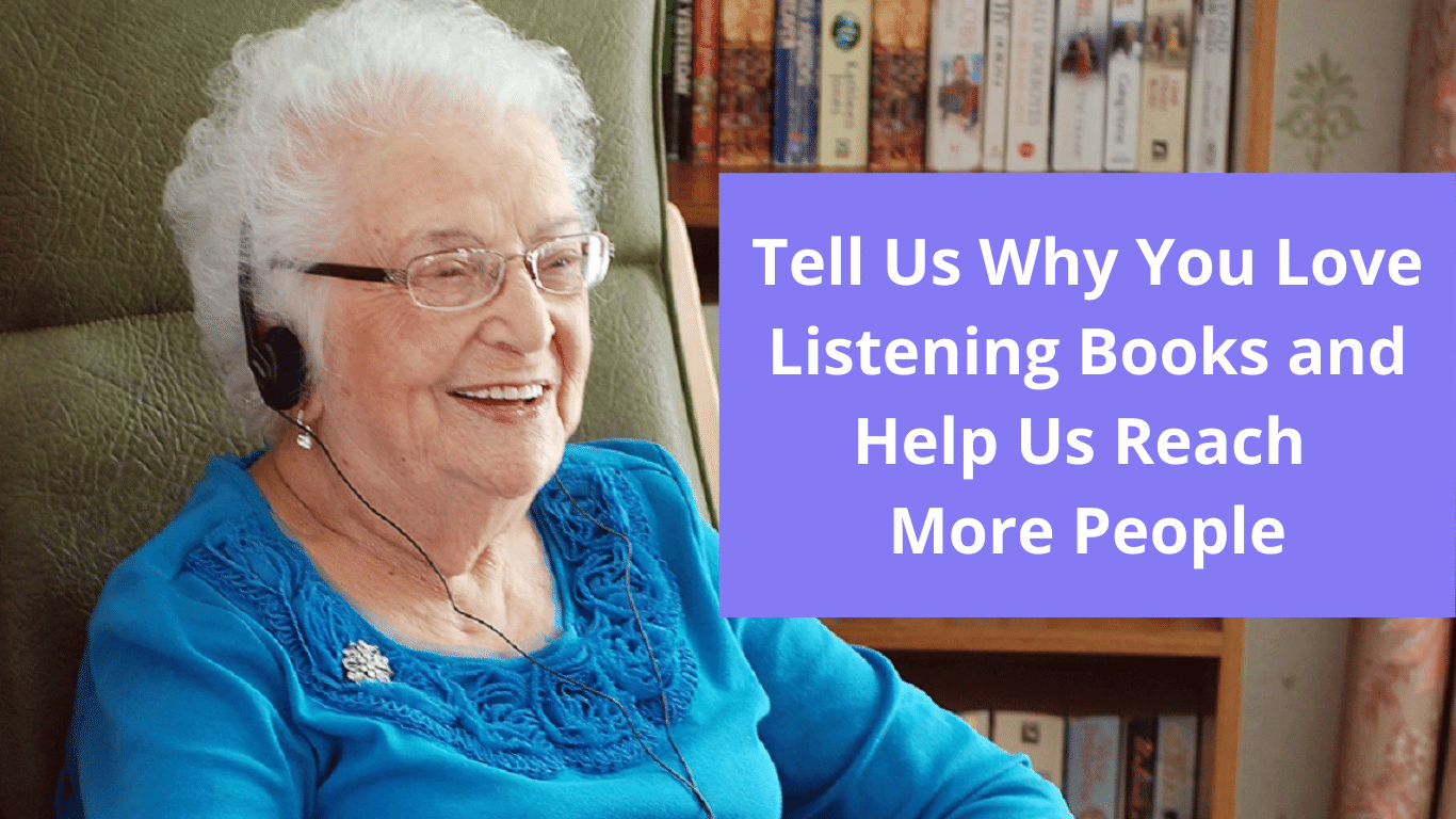 Older woman sat in chair wearing headphones and smiling.