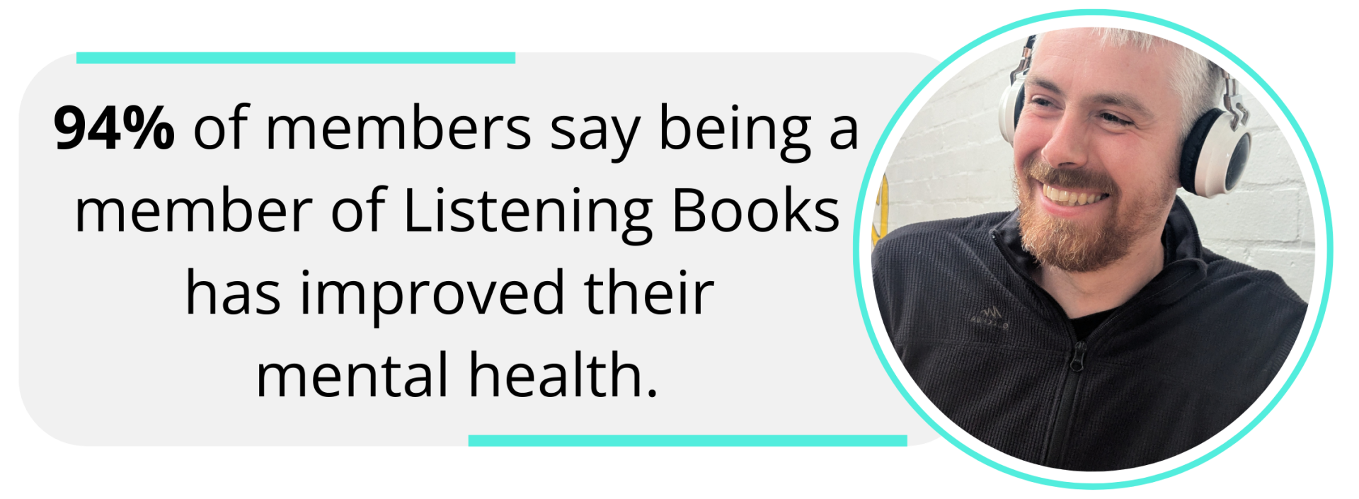 Bearded man smiling at the camera. Text to the left reads: 94% of members say being a member of Listening Books has improved their mental health.
